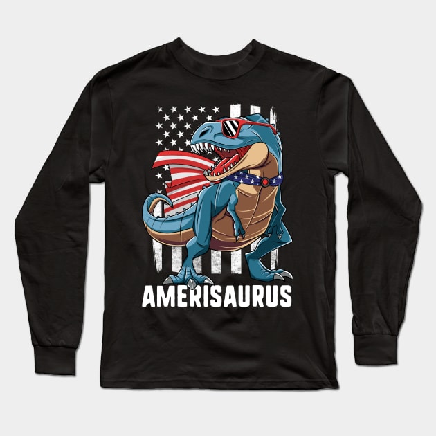 T Rex Dinosaur American Flag 4th Of July Gift For Kids Boys Long Sleeve T-Shirt by HCMGift